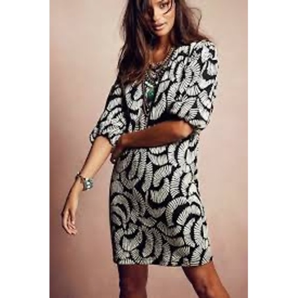 Anthropologie Maeve windfall embroidered shift dress trumpet sleeves black white
